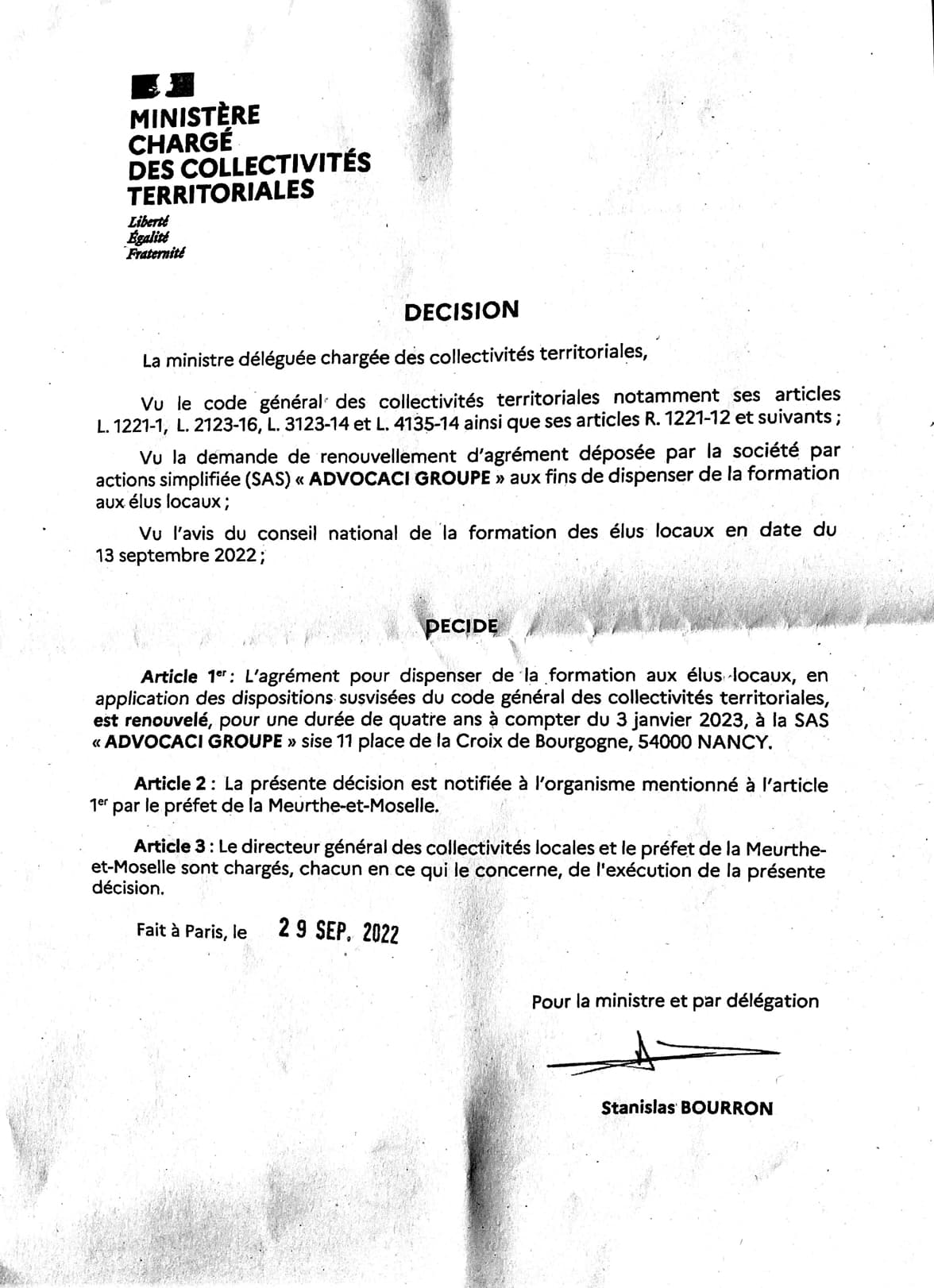 Agrément ministériel pour la formation des élus locaux